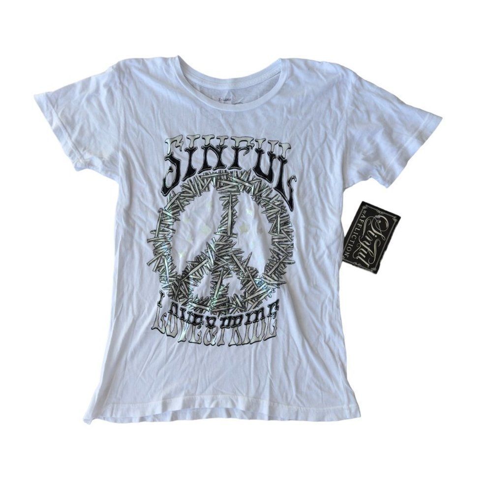 Sinful by Affliction "Love & Pride"‎ Peace T-Shirt White / Silver Women's XL